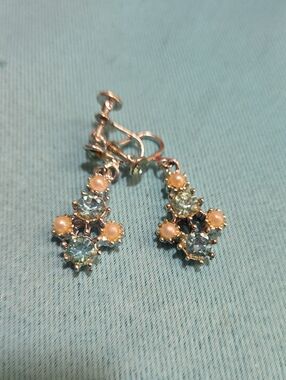 Blue and Pearl Drop Screw Back Earrings